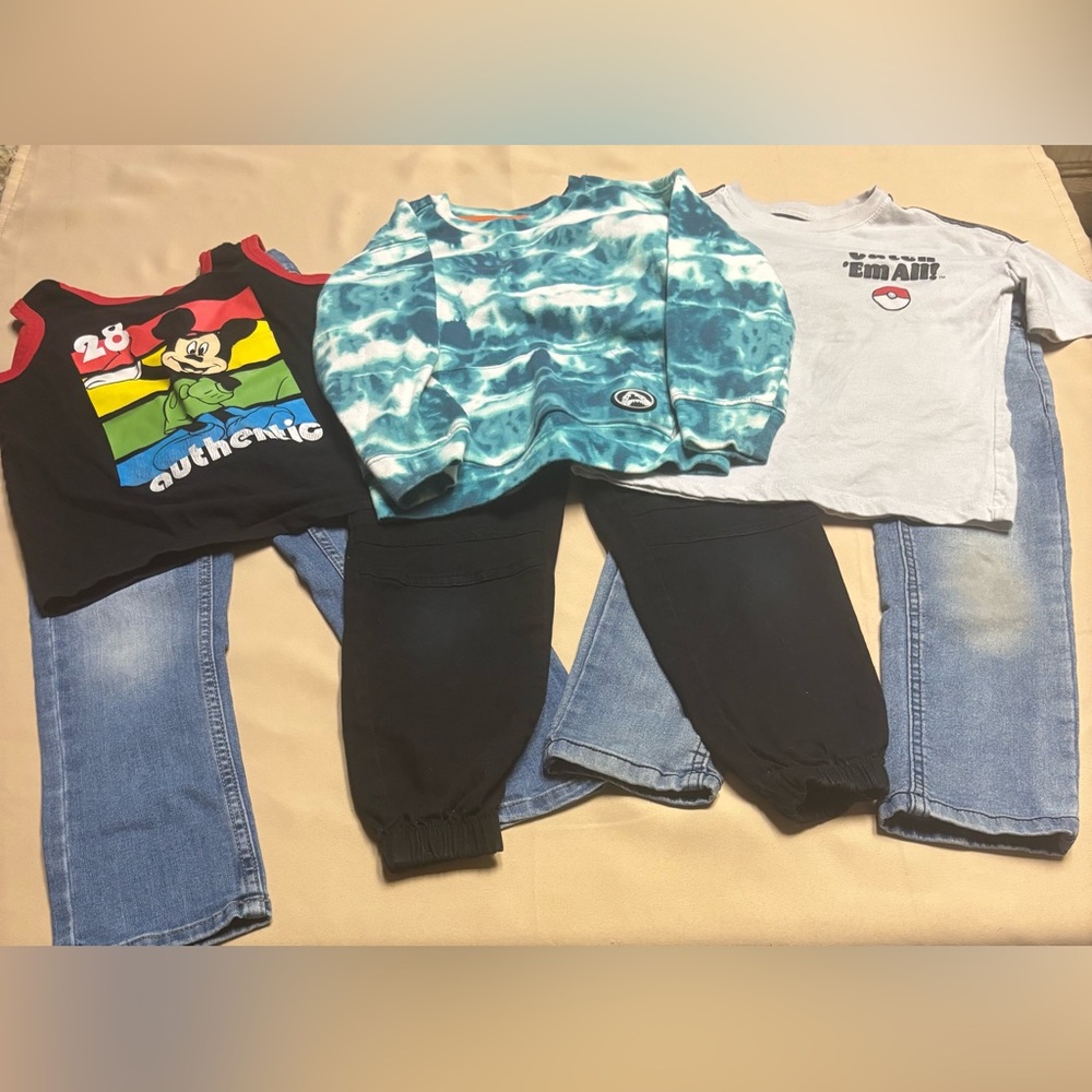Lot of 6 - Sz 4, 5, 6 Kids Jeans Denim‎ Distressed Mickey Pokémon Shirts Tie Dye